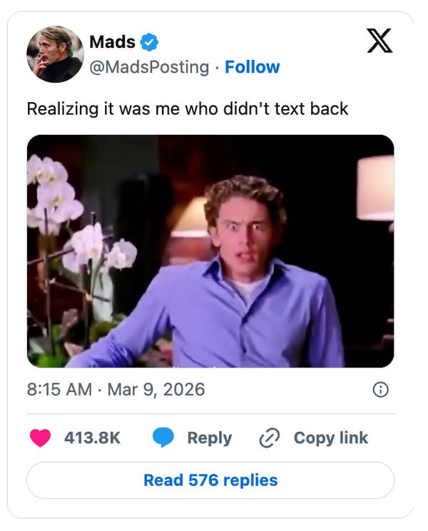 A surprised man realizes he forgot to reply, as depicted in a humorous social media post with reactions and engagement stats