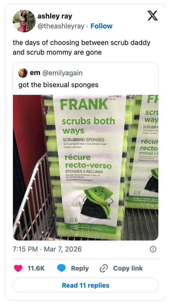 Tweet showing a comedic commentary on a package of "FRANK scrubs both ways" sponges, referencing diverse gender preferences