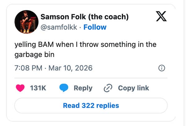 Tweet by user @samfolkk humorously mentions shouting "BAM" when throwing something in the garbage bin