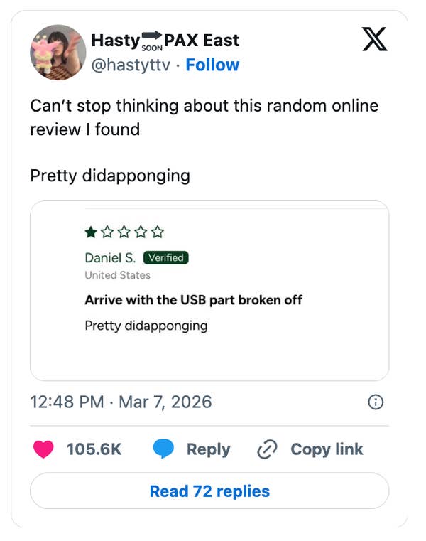 A tweet about a random online review: "Arrive with the USB part broken off. Pretty didapponging."