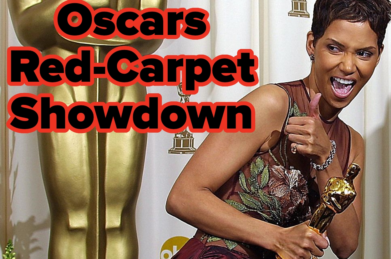 Woman on Oscars red carpet in an elegant floral-patterned gown, holding an Oscar statuette and smiling. Large text: "Oscars Red-Carpet Showdown."
