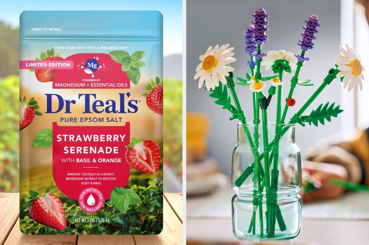 Dr Teal's Limited Edition Strawberry Serenade Epsom Salt package next to a jar with colorful DIY Lego flowers