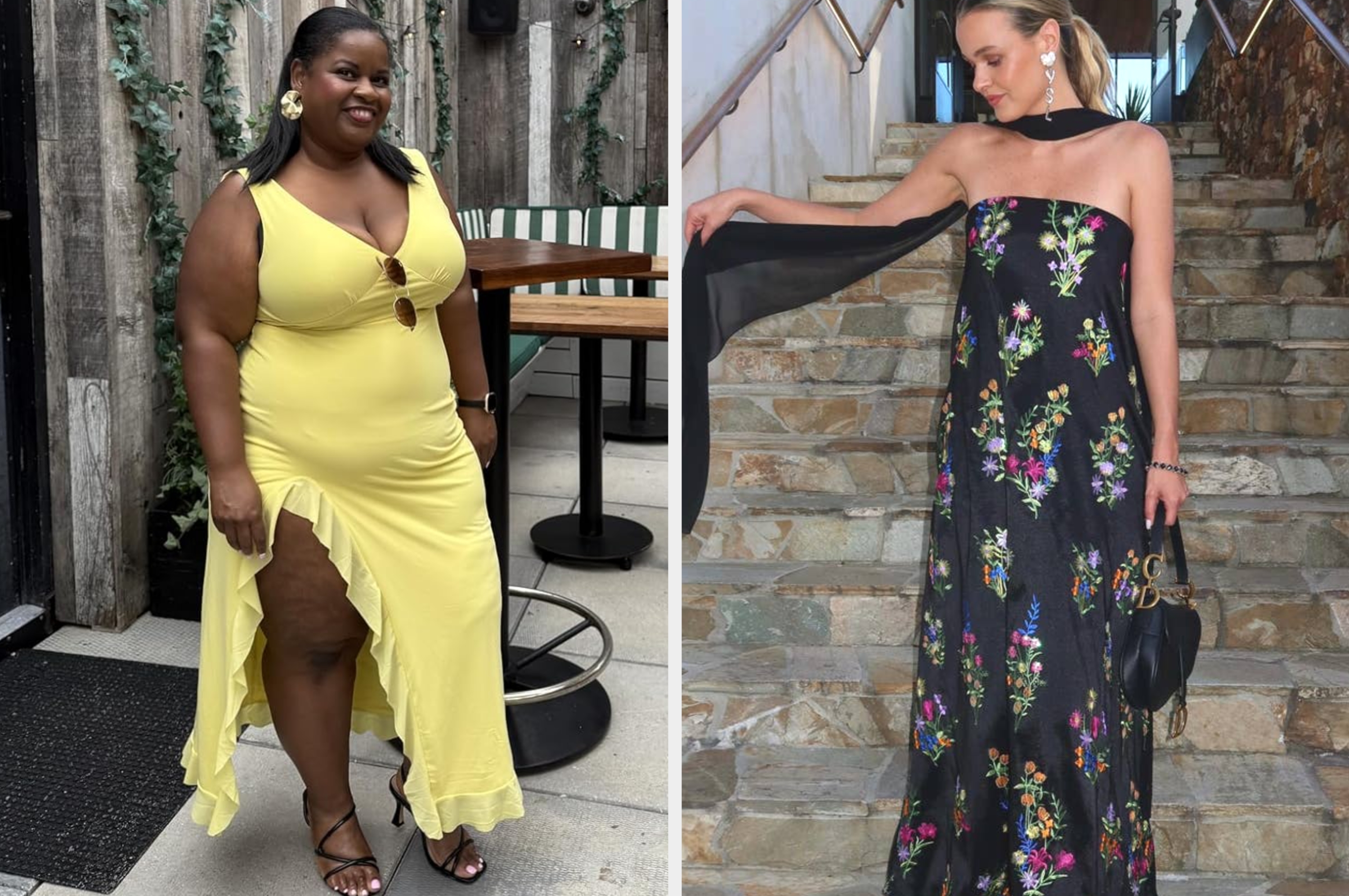 Two women in stylish dresses: left in a sleeveless, ruffled dress with a thigh slit; right in a strapless floral gown with a flowing sleeve