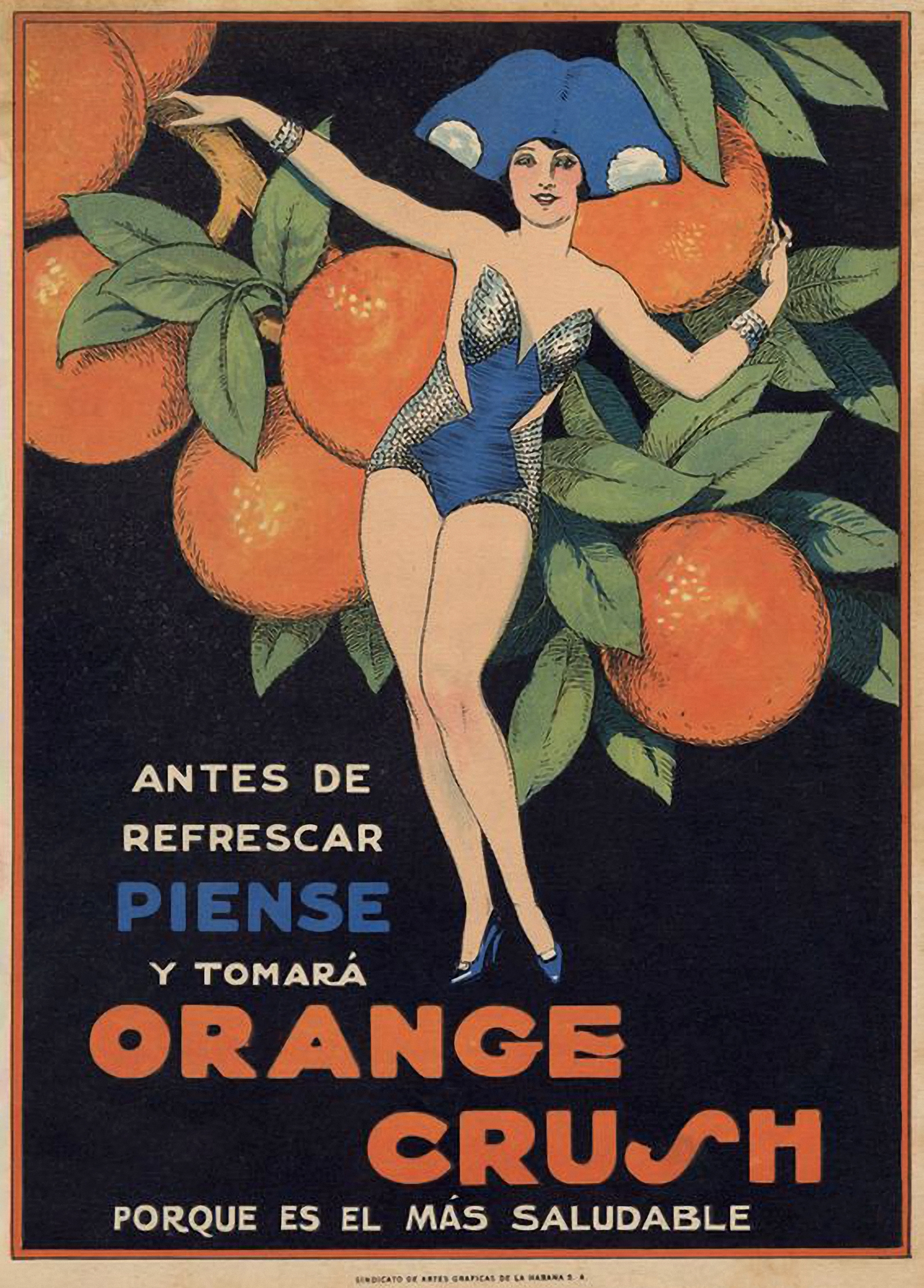 Vintage Orange Crush advertisement  featuring a stylish pistillate   successful  a bluish  swimsuit with oranges successful  the background. Text promotes wellness  benefits
