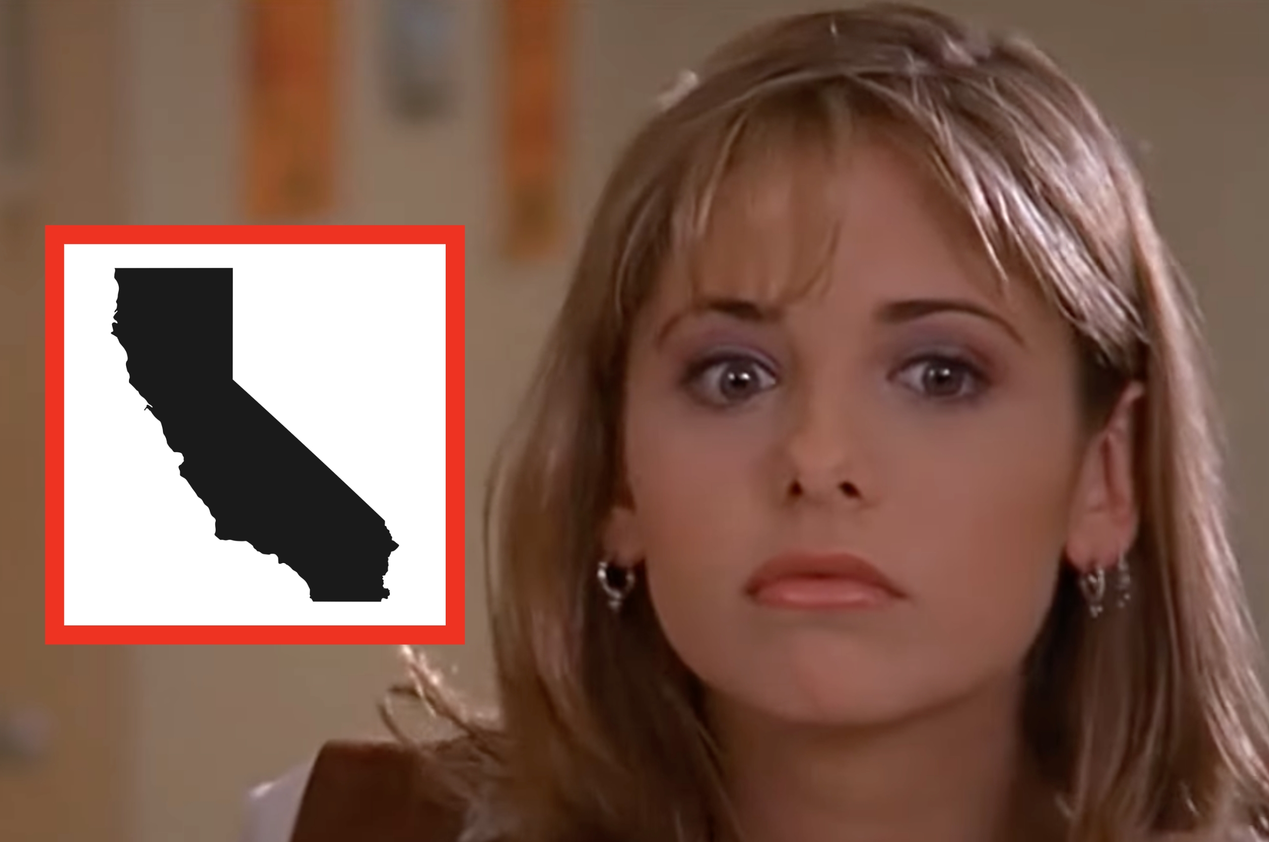 Person looking concerned, with a black silhouette of California in a red square beside them