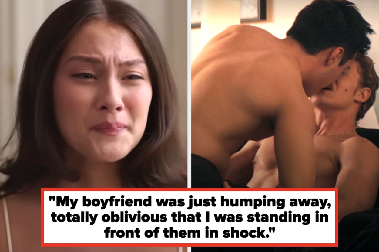 A woman looks upset. Beside her, two shirtless people kiss. Caption: "My boyfriend was just humping away, oblivious that I was standing in shock."