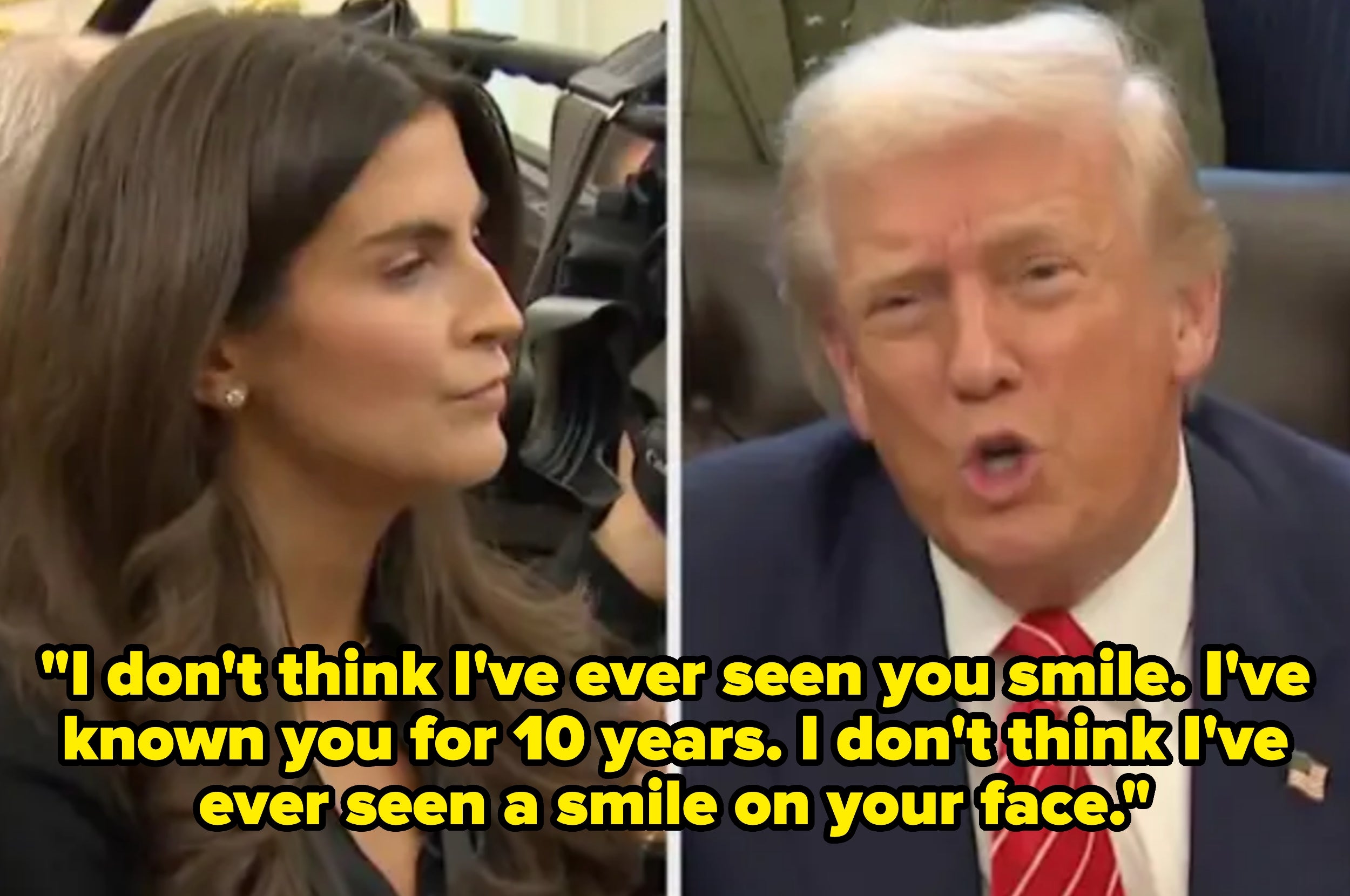 Delt bilde: En person og en mann snakker under et intervju. Tekst: 