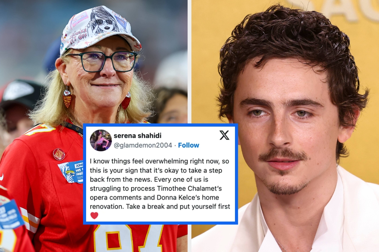 A football fan in a jersey and a man in a suit are pictured. A social media post advises taking a break amidst overwhelming news