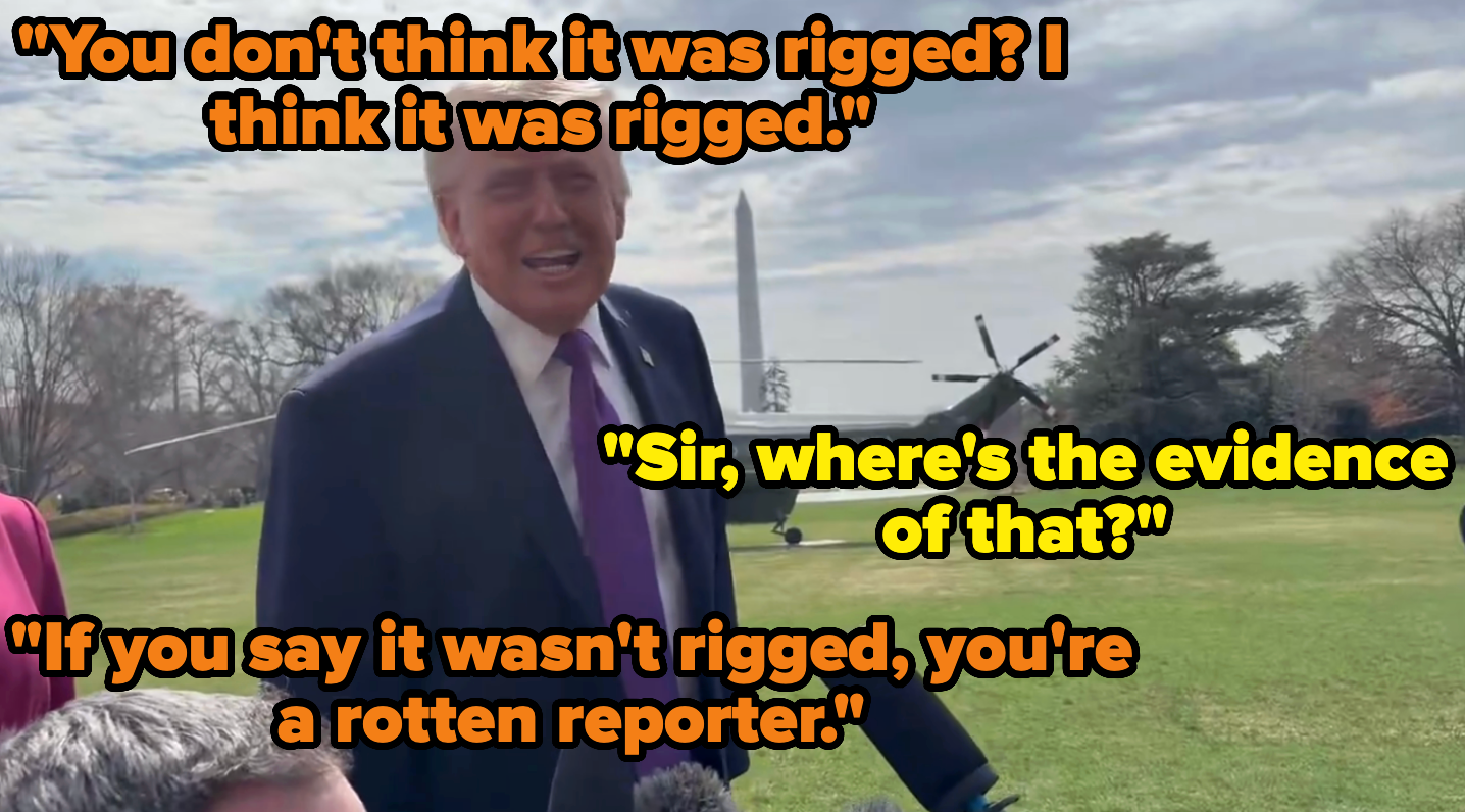 Person som snakker utendørs med Washington-monumentet i bakgrunnen. Tekstdialog om valgintegritet og bevis