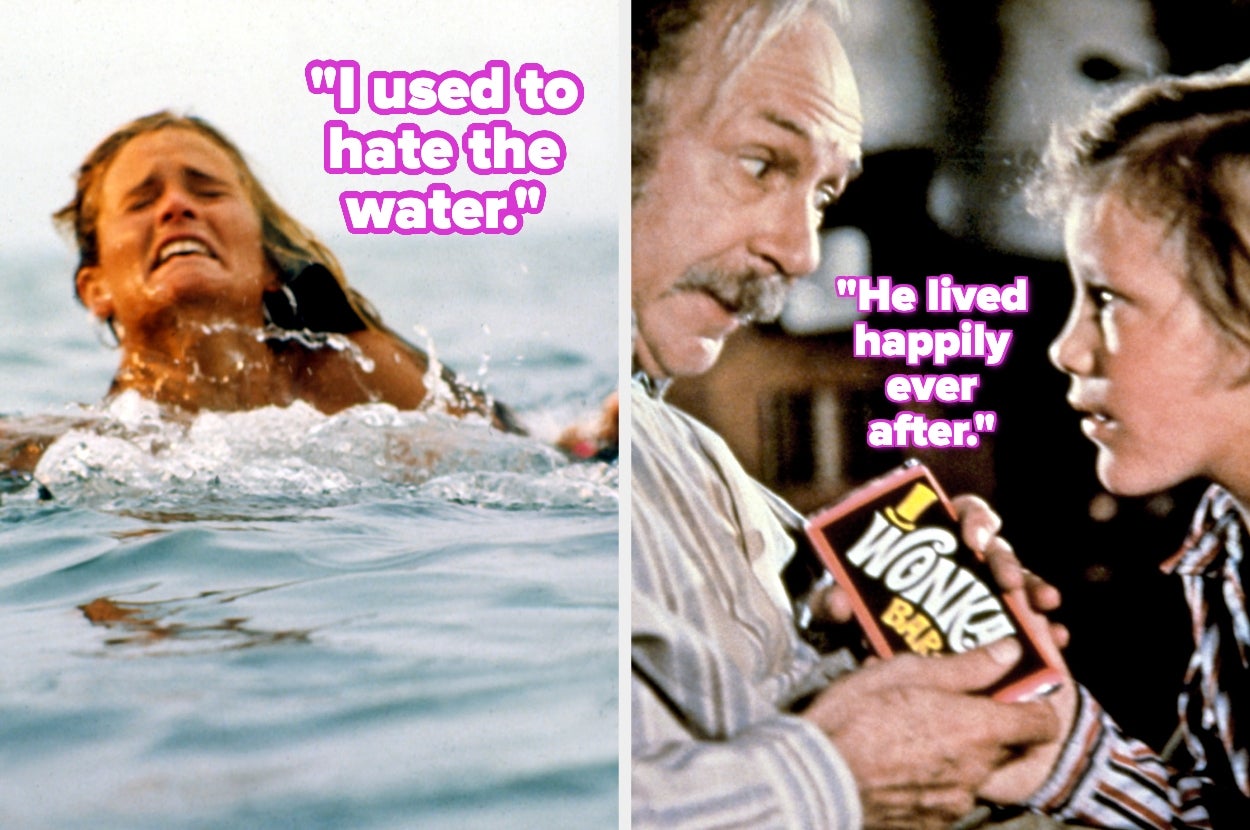 Two movie scenes: Left, person swimming with fear, quote: "I used to hate the water." Right, child holding Wonka Bar, quote: "He lived happily ever after."