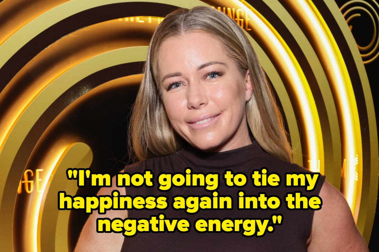 Person smiling in front of a spiral pattern. Quote in bold says, "I'm not going to tie my happiness again into the negative energy."