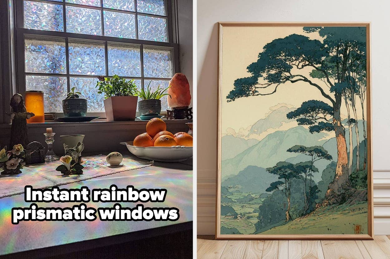 A window with prismatic film creates rainbow light effects. Nearby, a framed landscape art piece with trees and mountains is displayed on the floor