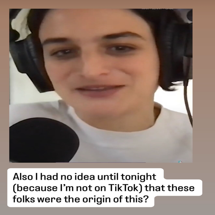 Person wearing headphones speaking during a video with text overlayed, which reads, "Also I had no idea until tonight (because I'm not on TikTok) that these folks were the origin of this."