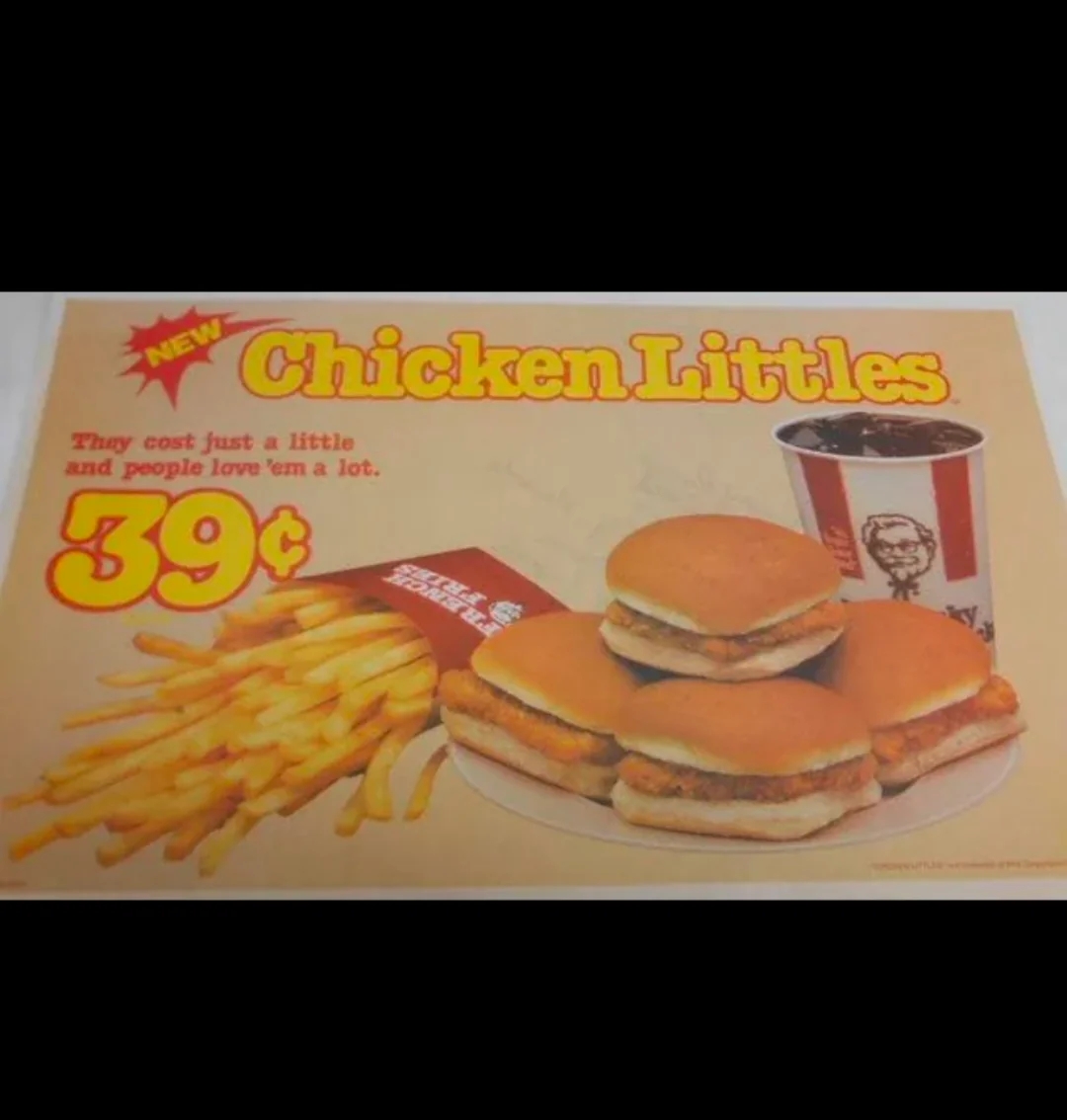 Vintage KFC advertisement  featuring Chicken Littles sandwiches for 39 cents with fries and a drink