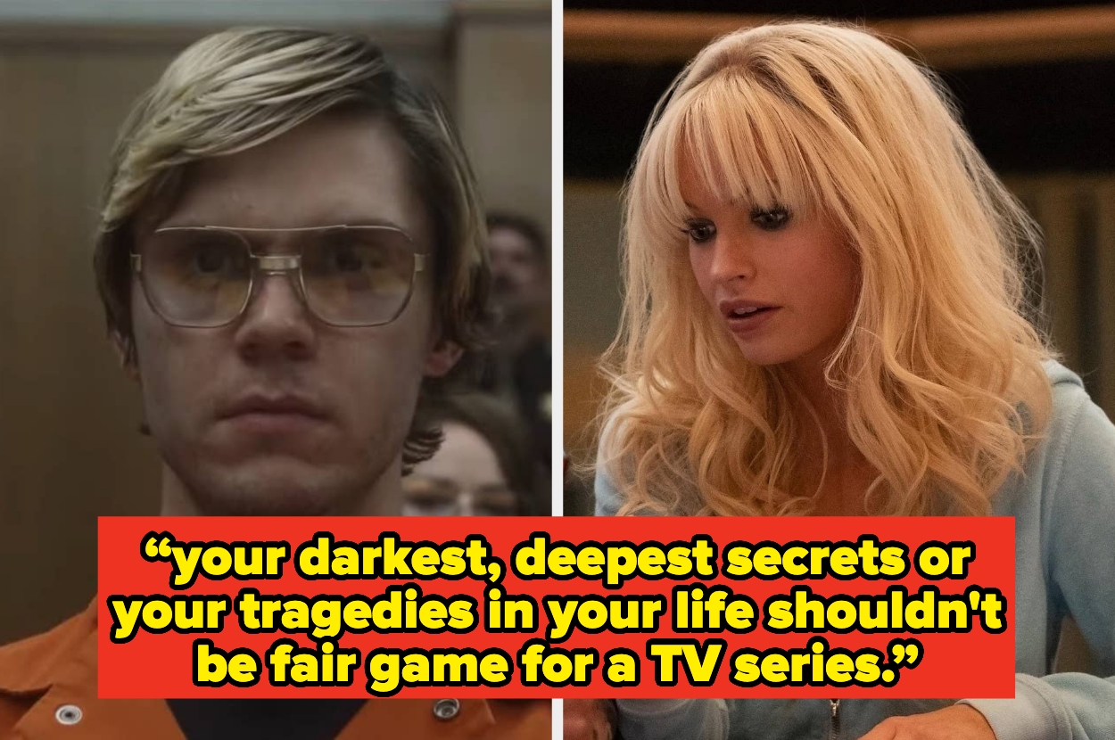 Split image: On left, person in glasses and orange jumpsuit. On right, person with long hair and casual attire. Text: "your darkest, deepest secrets or your tragedies in your life shouldn't be fair game for a TV series."