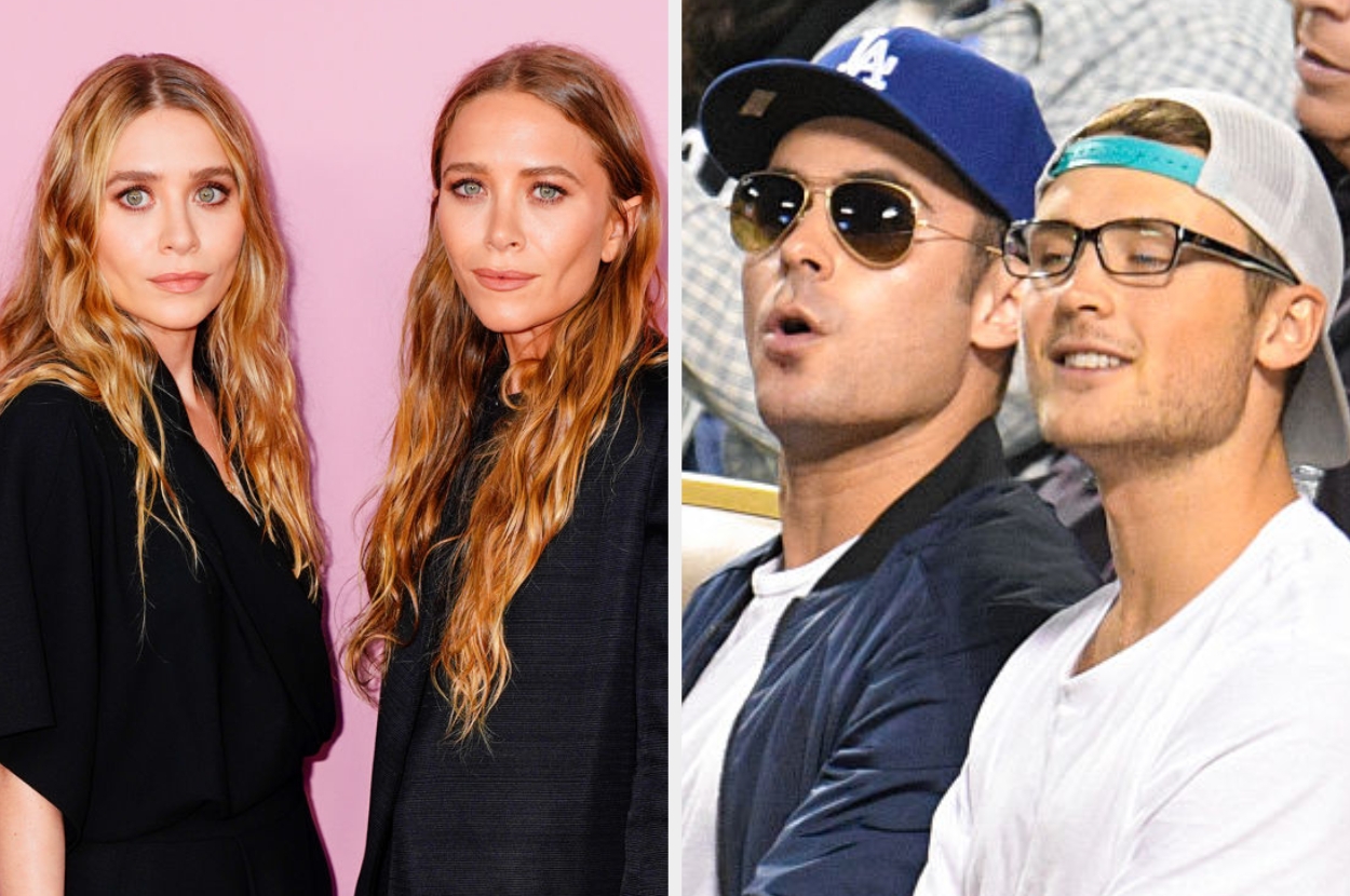 I don’t know who these people are. On the left, two women in dark, elegant outfits. On the right, two men wearing casual hats and sunglasses at an event
