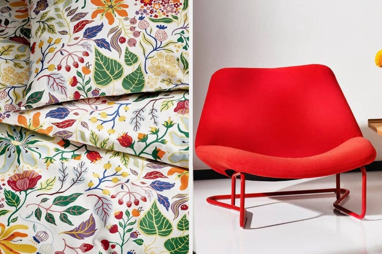 Floral-patterned bedding next to a modern red chair, showcasing home decor options