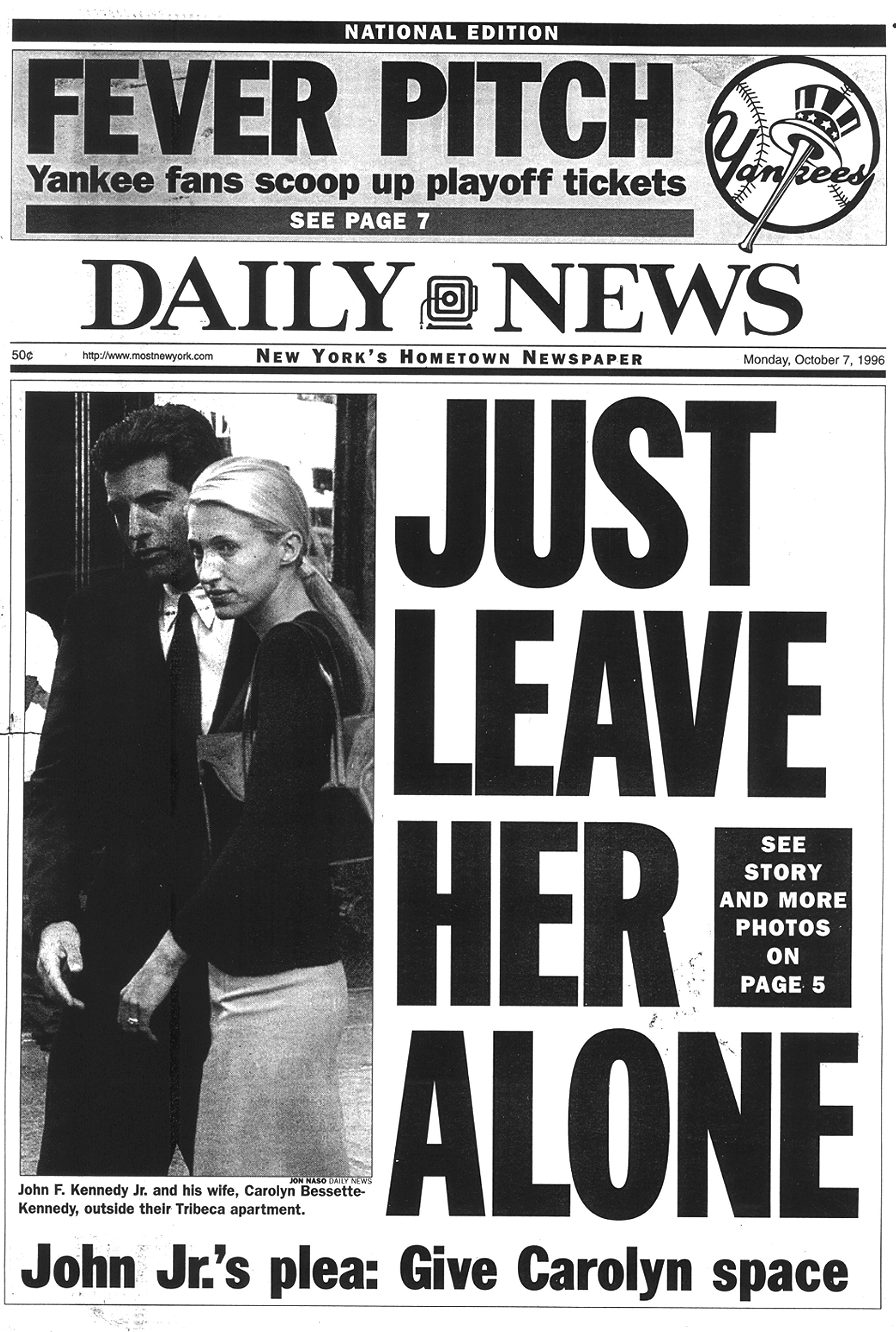 Newspaper screen  with a header  astir  John F. Kennedy Jr. urging the media to springiness  Carolyn Bessette-Kennedy privacy
