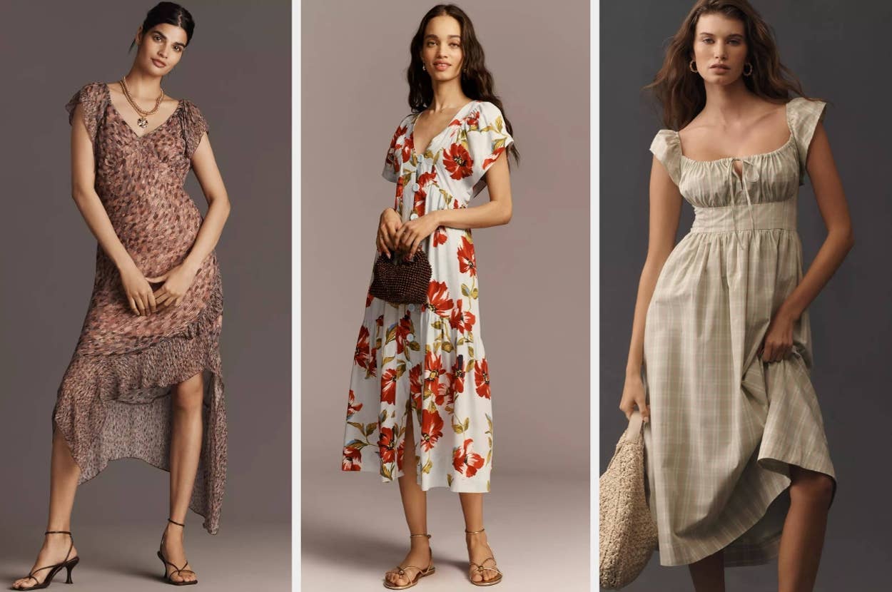Three people modeling summer dresses: a leopard print, a floral design, and a plaid style. Each carries accessories like a necklace or handbag