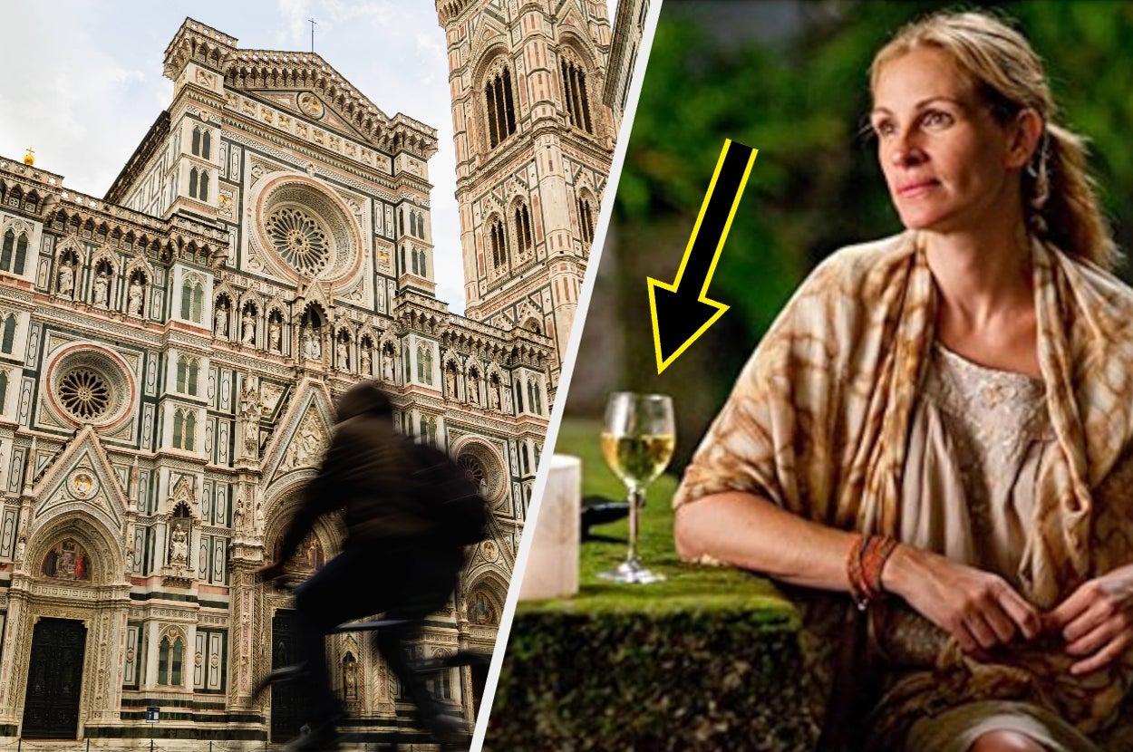 A bicyclist passes Florence Cathedral; a woman sits with wine outdoors beside a yellow arrow pointing to the glass