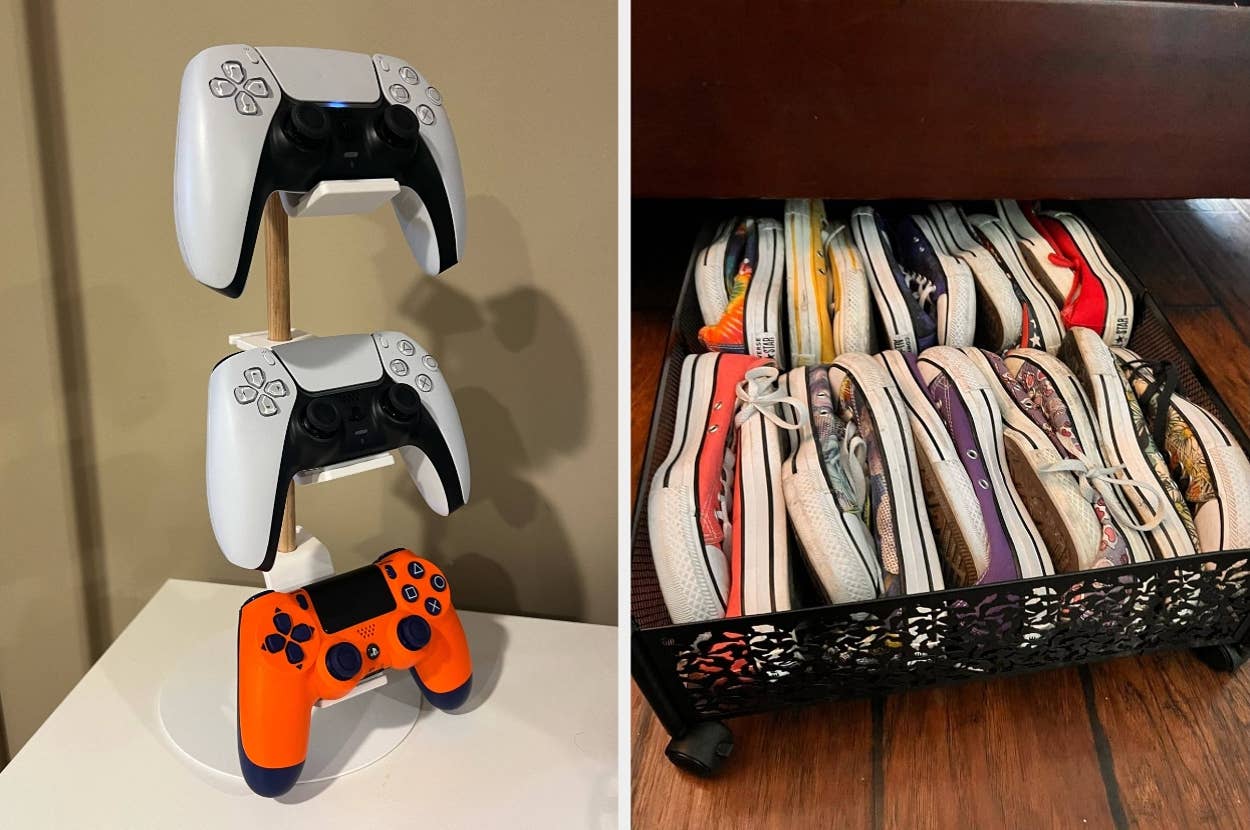 DualSense controllers on stand; drawer with neatly organized sneakers