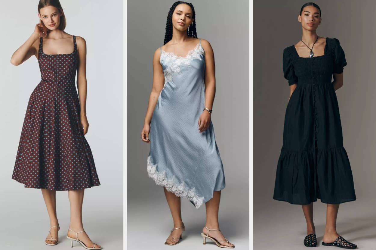 Three models showcase elegant dresses: a patterned sleeveless midi dress, a light asymmetrical slip dress, and a puff-sleeve tiered dress