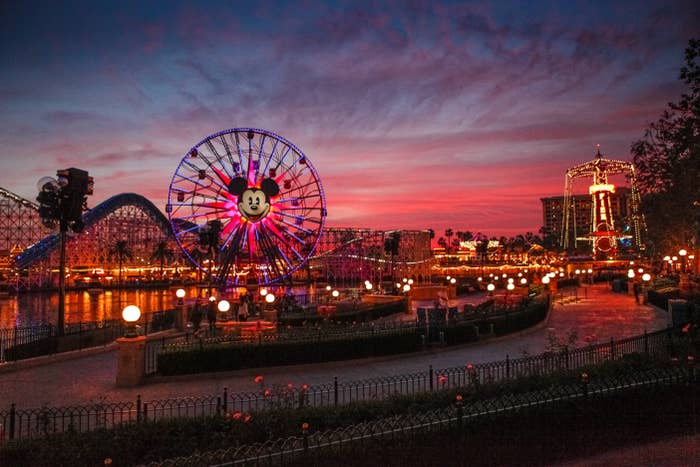 Disneyland ferris instrumentality    with Mickey Mouse during sunset