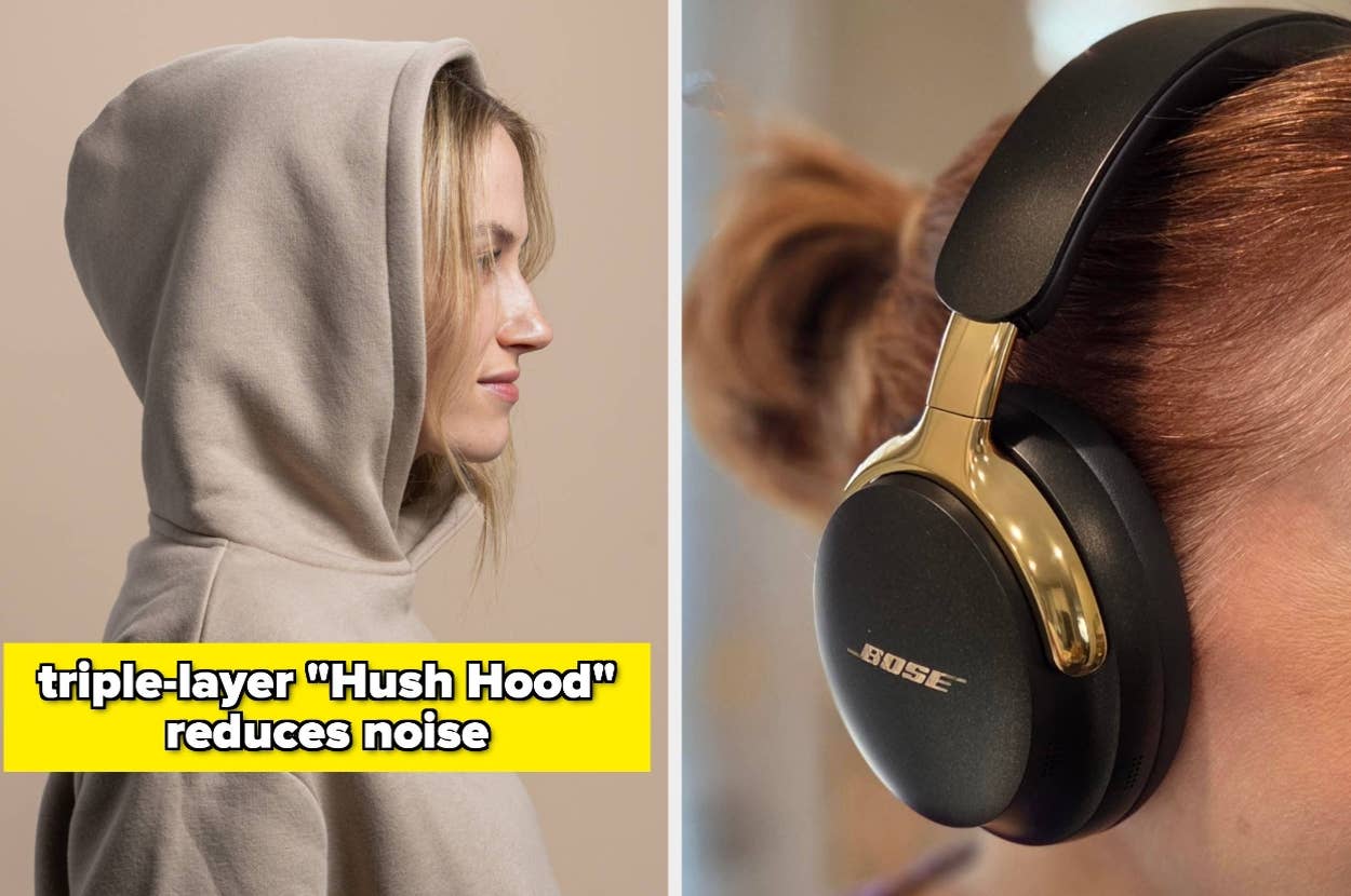 Left: Person in a hooded sweatshirt in profile. Right: Close-up of someone wearing over-ear headphones. Text: "Triple-layer 'Hush Hood' reduces noise."