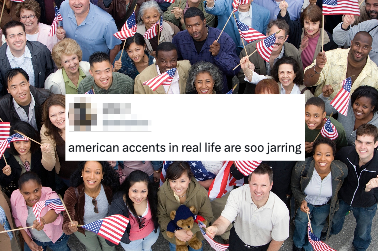 A diverse group of people holding American flags is overlaid with a tweet saying "American accents in real life are soo jarring."