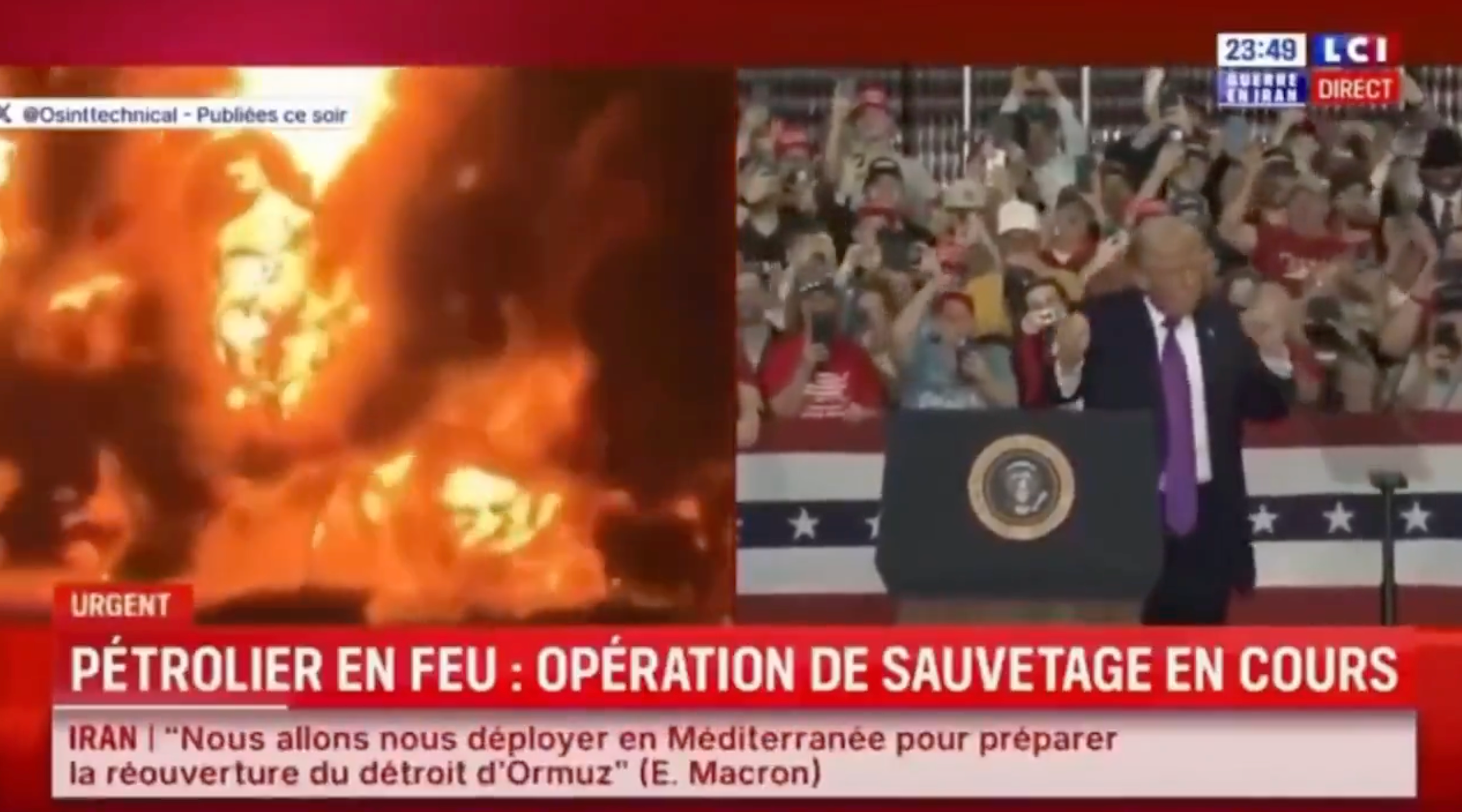 Nyhetsbilde med delt skjerm: til venstre en brannhendelse; til høyre, en høyttaler på et rally. Tekst: "Pétrolier en feu: opération de sauvetage en cours."