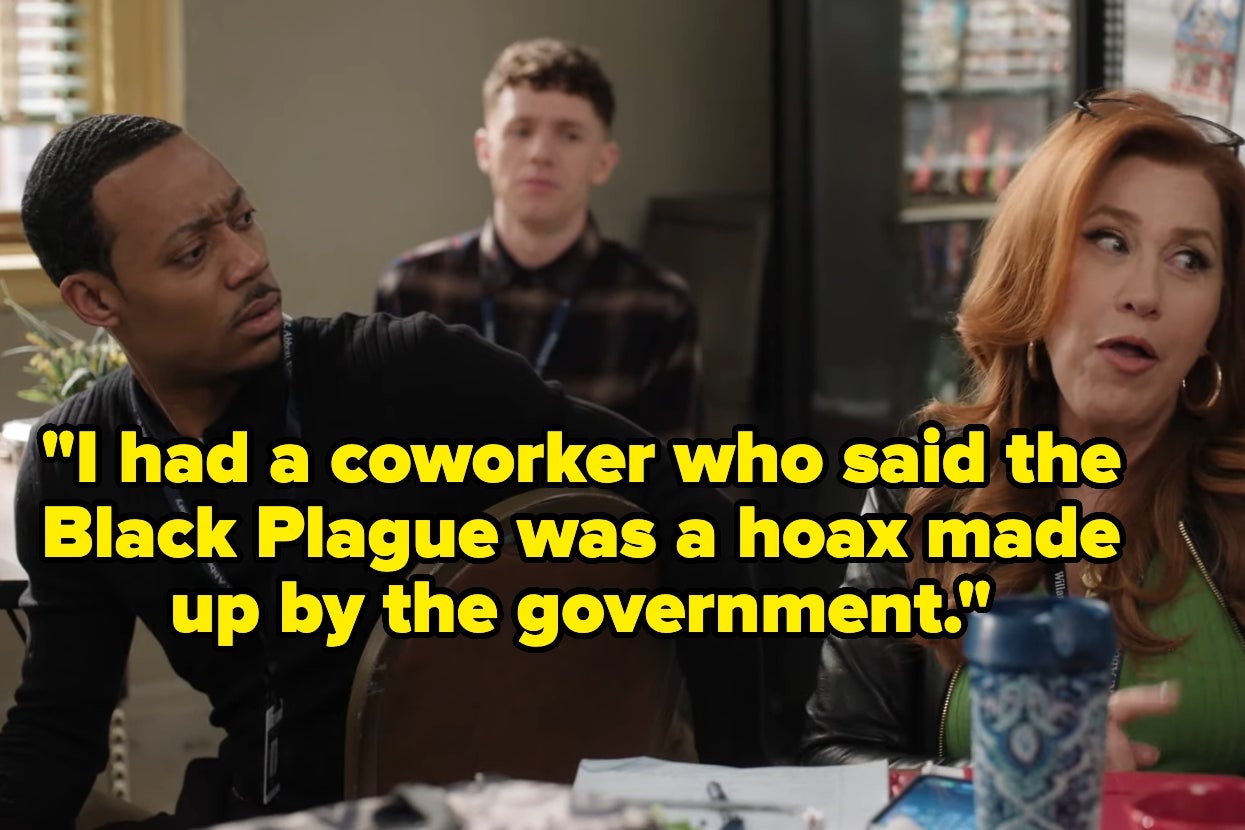 "Abbott Elementary" Gregory, Jacob, and Melissa having a convo in the break room. Text reads, "I had a coworker who said the Black Plague was a hoax made up by the government"