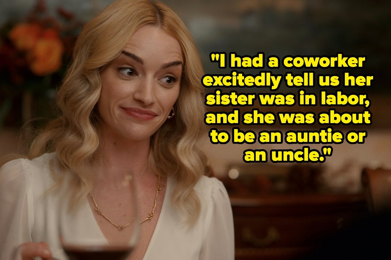 "Ginny & Georgia" Georgia making a face, smiling. Text: "I had a coworker excitedly tell us her sister was in labor, and she was about to be an auntie or an uncle"