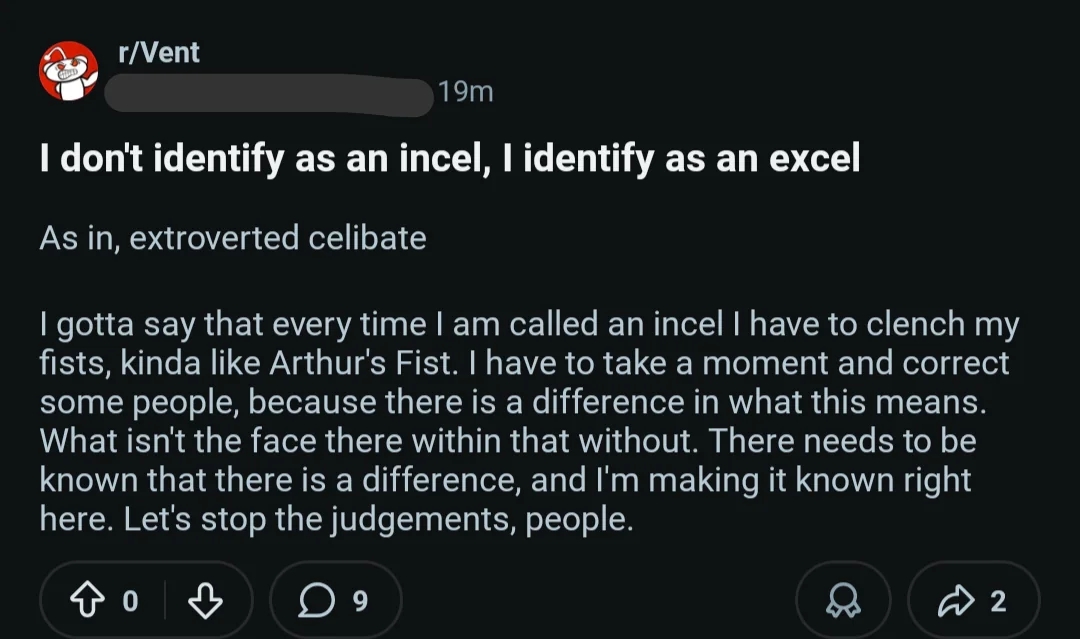Reddit station  titled "I don't place  arsenic  an incel, I place  arsenic  an excel" humorously discussing individuality  and advocating for knowing  and stopping judgments