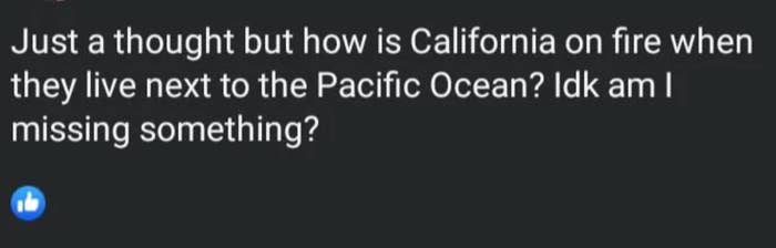 A societal  media station  questions however  California tin  person  fires portion    being adjacent   the Pacific Ocean
