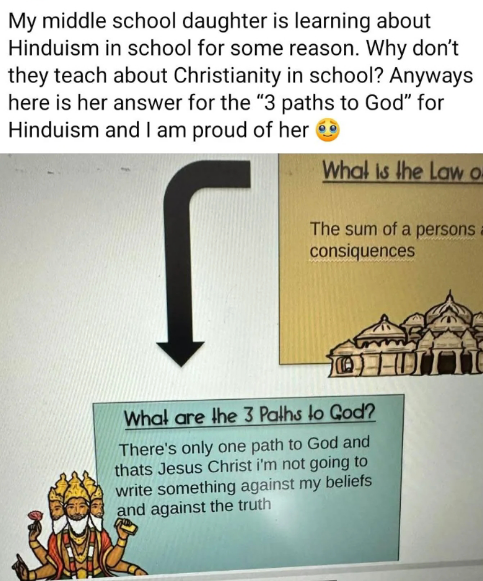 Image shows a photograph  of a laptop surface  displaying a schoolroom  duty  astir  Hinduism. A handwritten effect   mentions Christianity, questioning the lesson