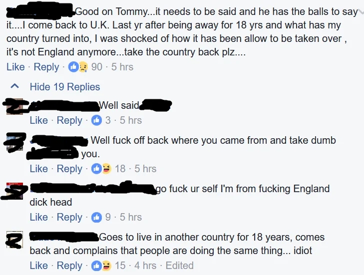  Users statement   implicit    returning to the UK and changes successful  the country. Some comments incorporate  profanity and suggest   leaving