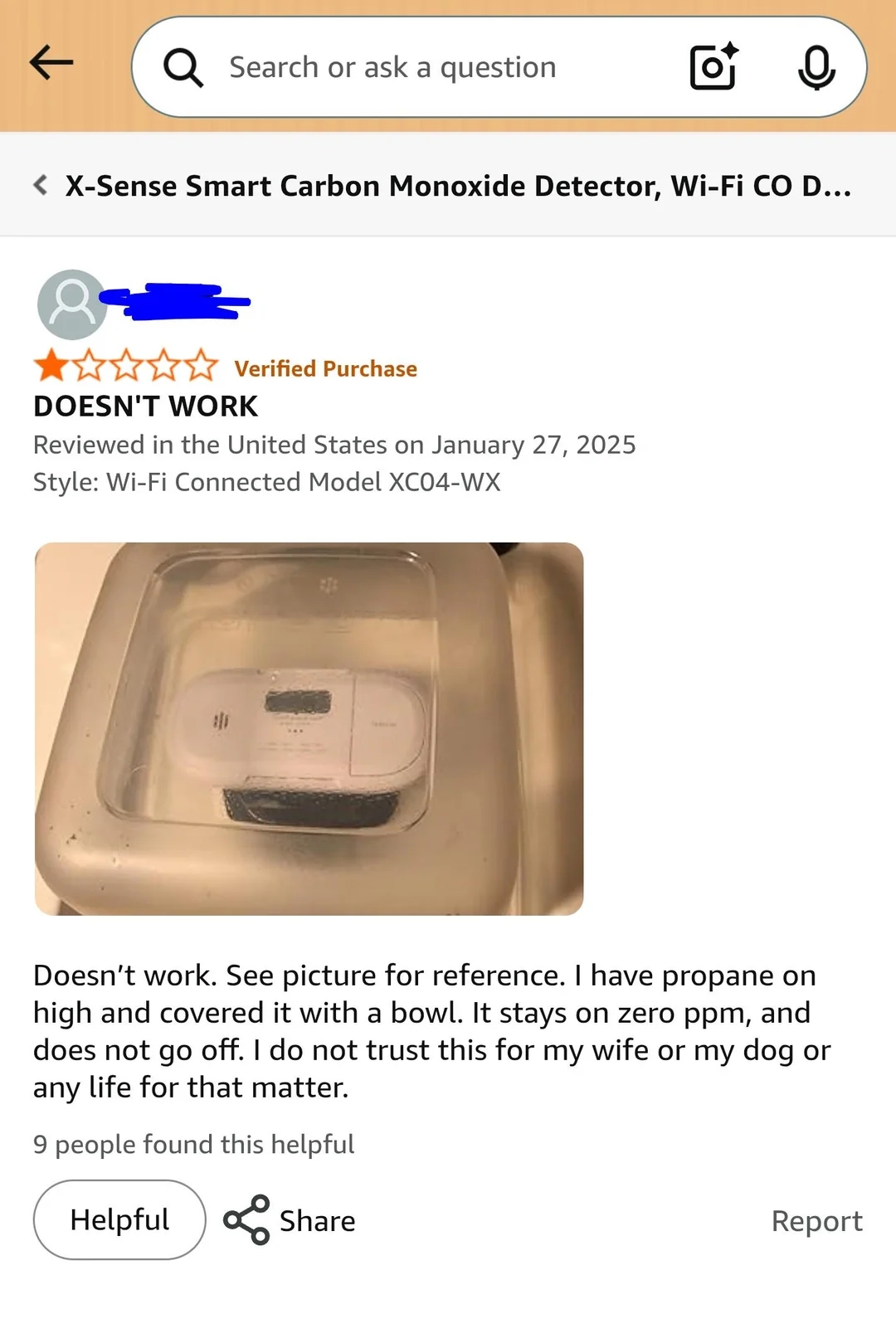 Customer reappraisal  of a c  monoxide detector stating it doesn't work, contempt  a trial  with propane. Shows instrumentality  submerged successful  h2o  bowl