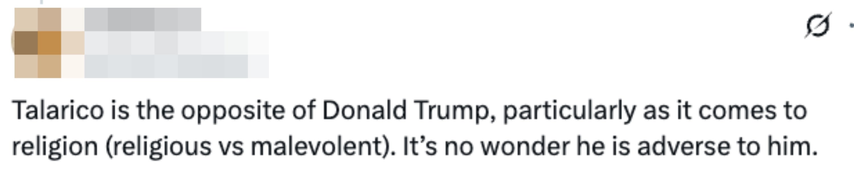 Tweet av P Johnson som sammenligner Talarico og Donald Trump, og fremhever forskjeller i religiøs oppførsel