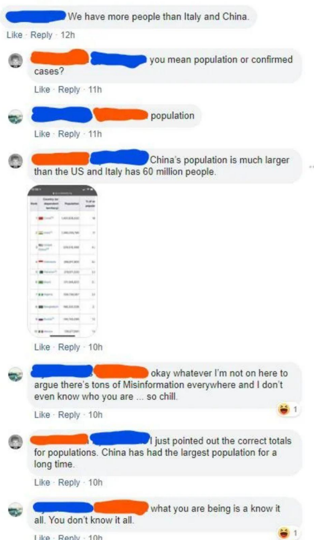 A Facebook remark  thread discussing colonisation  sizes and misinformation, with aggregate  replies correcting and debating statistics