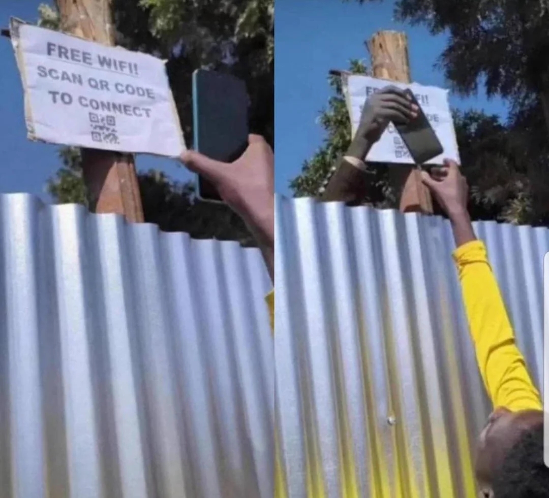 Two radical   are attempting to scan a QR codification  labeled "Free WiFi" placed precocious   connected  a rod  down  a corrugated metallic  fence