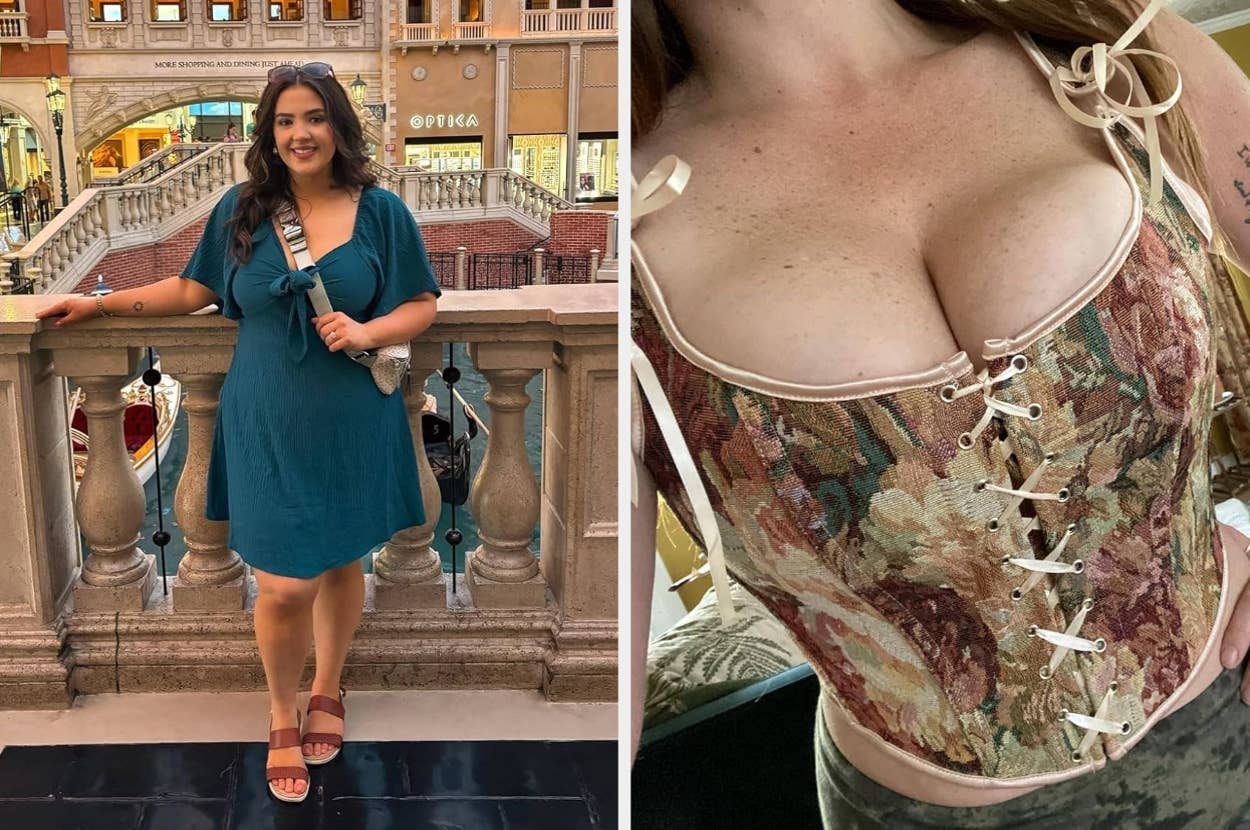 Left: Woman in a teal dress with a tied waist stands in a shopping mall. Right: Close-up of a tapestry-patterned corset with ribbon ties