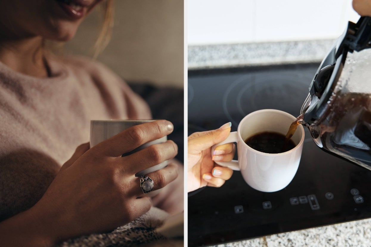 Two images: Left shows a person holding a cup, wearing a sweater. Right shows coffee being poured into a mug on a kitchen counter