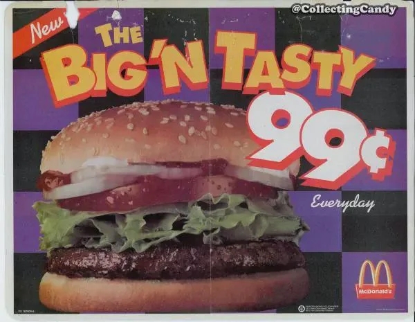 Advertisement for the McDonald's Big 'N Tasty burger, priced astatine  99 cents, showcasing the burger with lettuce, tomato, and sauce