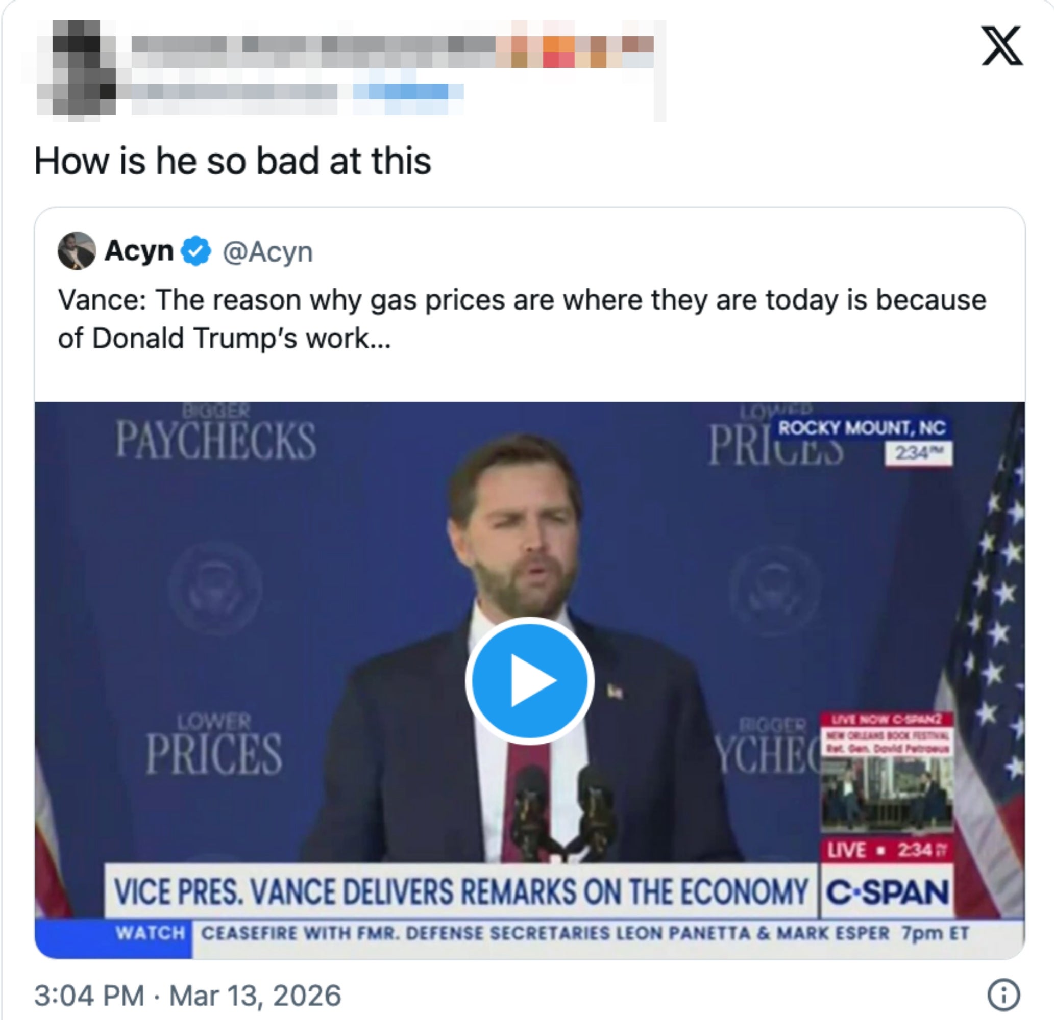 Tweet med skjermbilde av Vance som snakker om gasspriser, og tilskriver problemet Trumps retningslinjer, på et offentlig arrangement i Rocky Mount, NC