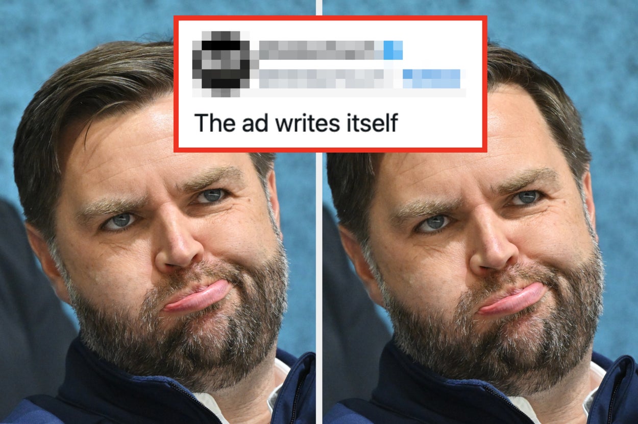 A man with neatly styled hair and beard looks pensive. A tweet overlay reads: "The ad writes itself" by MeidasTouch