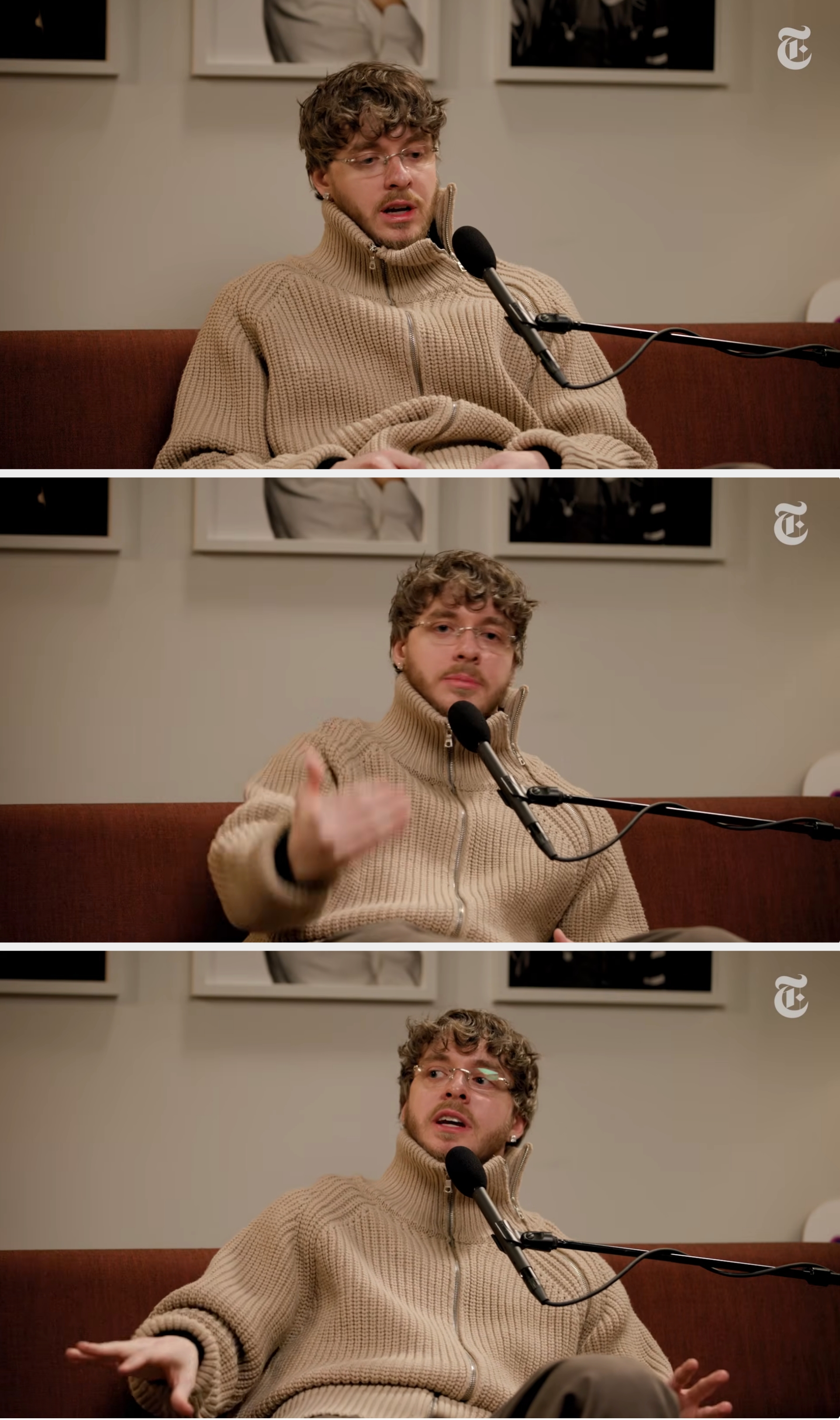 Jack Harlow successful  a cozy, high-neck sweater speaking into a microphone, seated connected  a sofa  with framed photos successful  the background