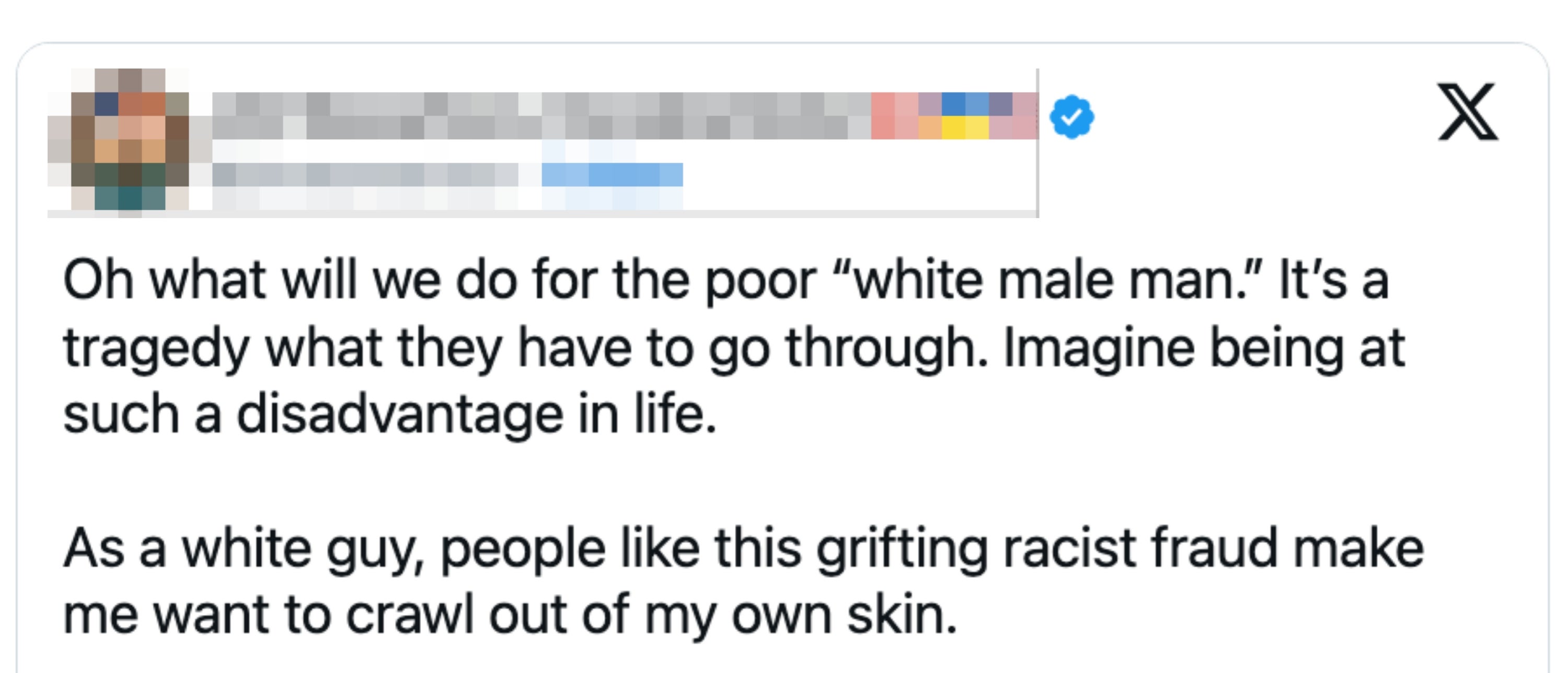 Tweet av Jim Stewartson som uttrykker sarkasme om oppfattede ulemper ved hvite menn, og kaller noen en 