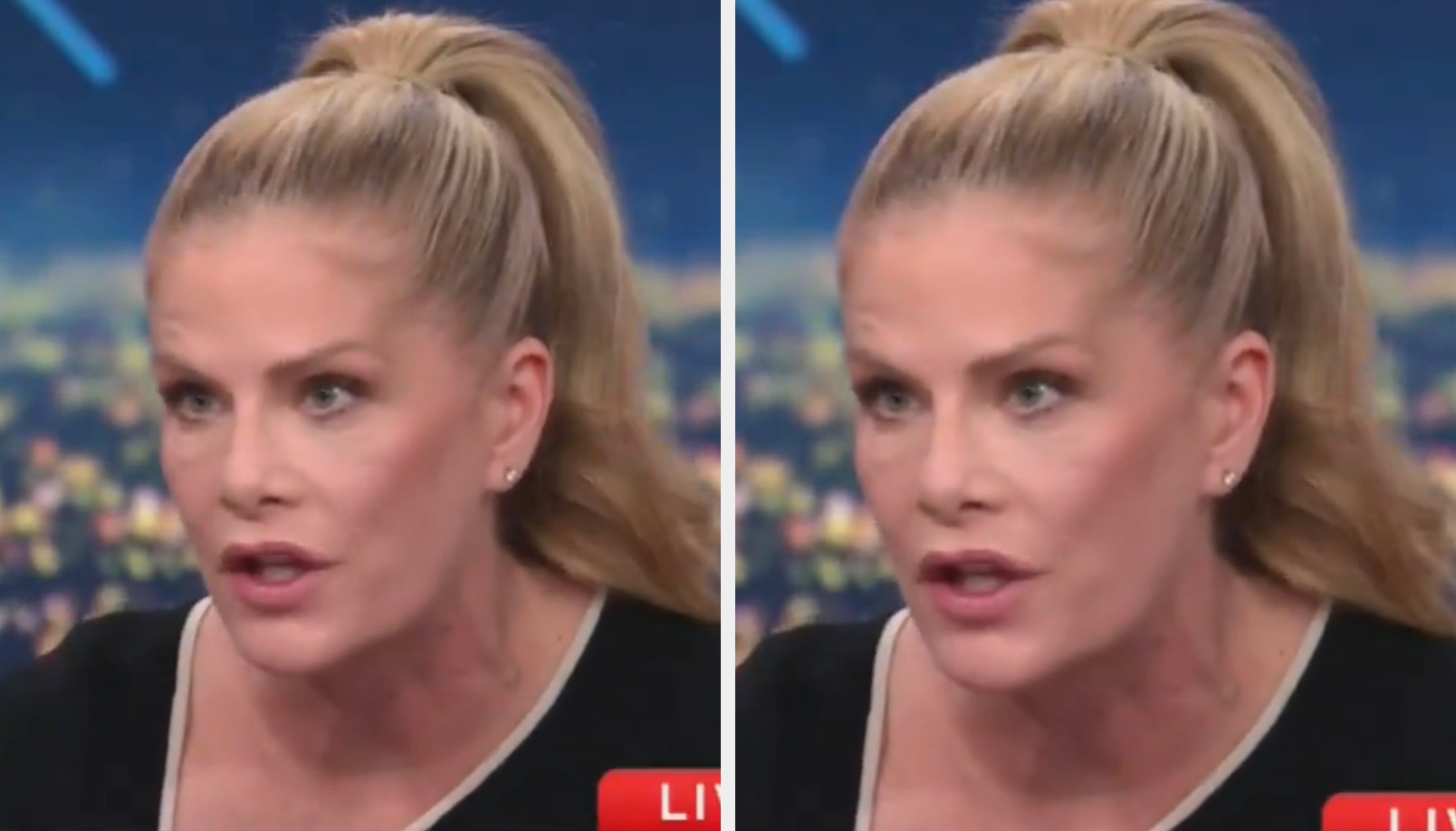 Person med langt hår i hestehale, iført en enkel topp, diskuterer lidenskapelig på et talkshow-sett