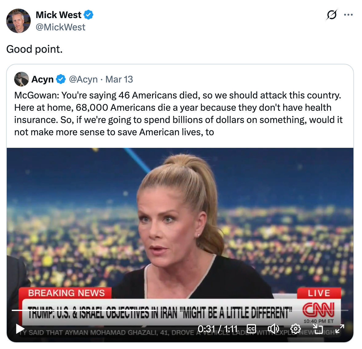 Tweet om helsediskusjon på CNN med en foredragsholder som stiller spørsmål ved USAs utgiftsprioriteringer