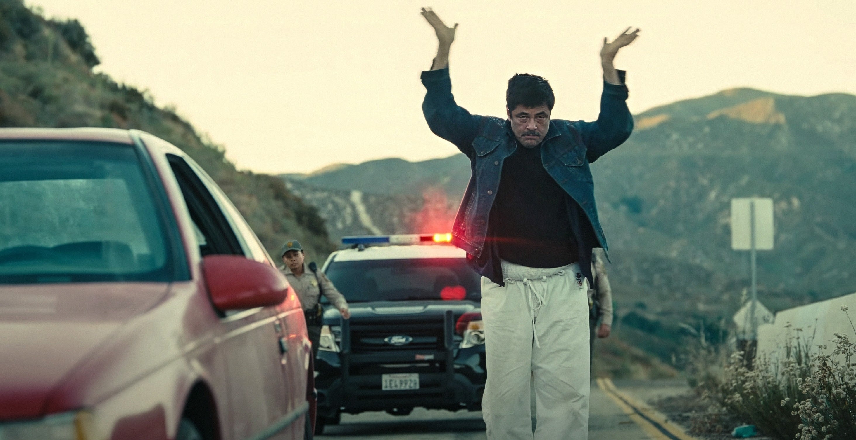 En person i posete bukser og en jakke løfter armene foran politibil med rødt og blått lys på en bygdevei